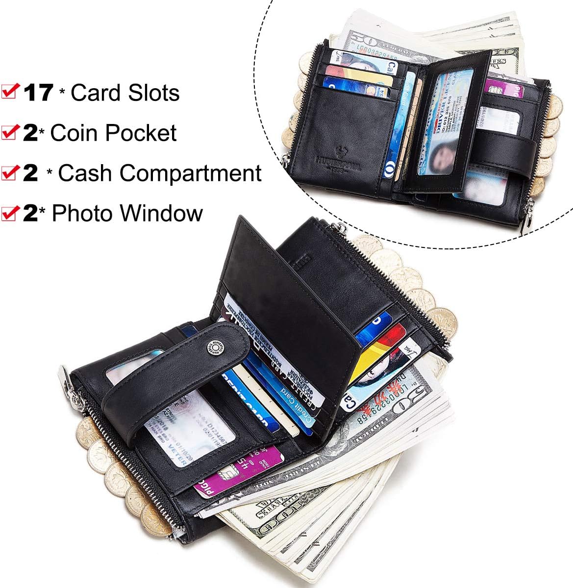 REETEE Mens Wallet RFID Blocking Genuine Leather Wallets Mens Slim Wallet for Men with Chain,Men's Bifold Leather Wallet 19 Credit Card Holder and Zipper Coin Pocket(Black) - Image 4