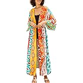 Chunoy Women Geometry Print Long Open Front Bathing Suit Dress Lightweight Cardigan Long Sleeve Kimono Cover Up