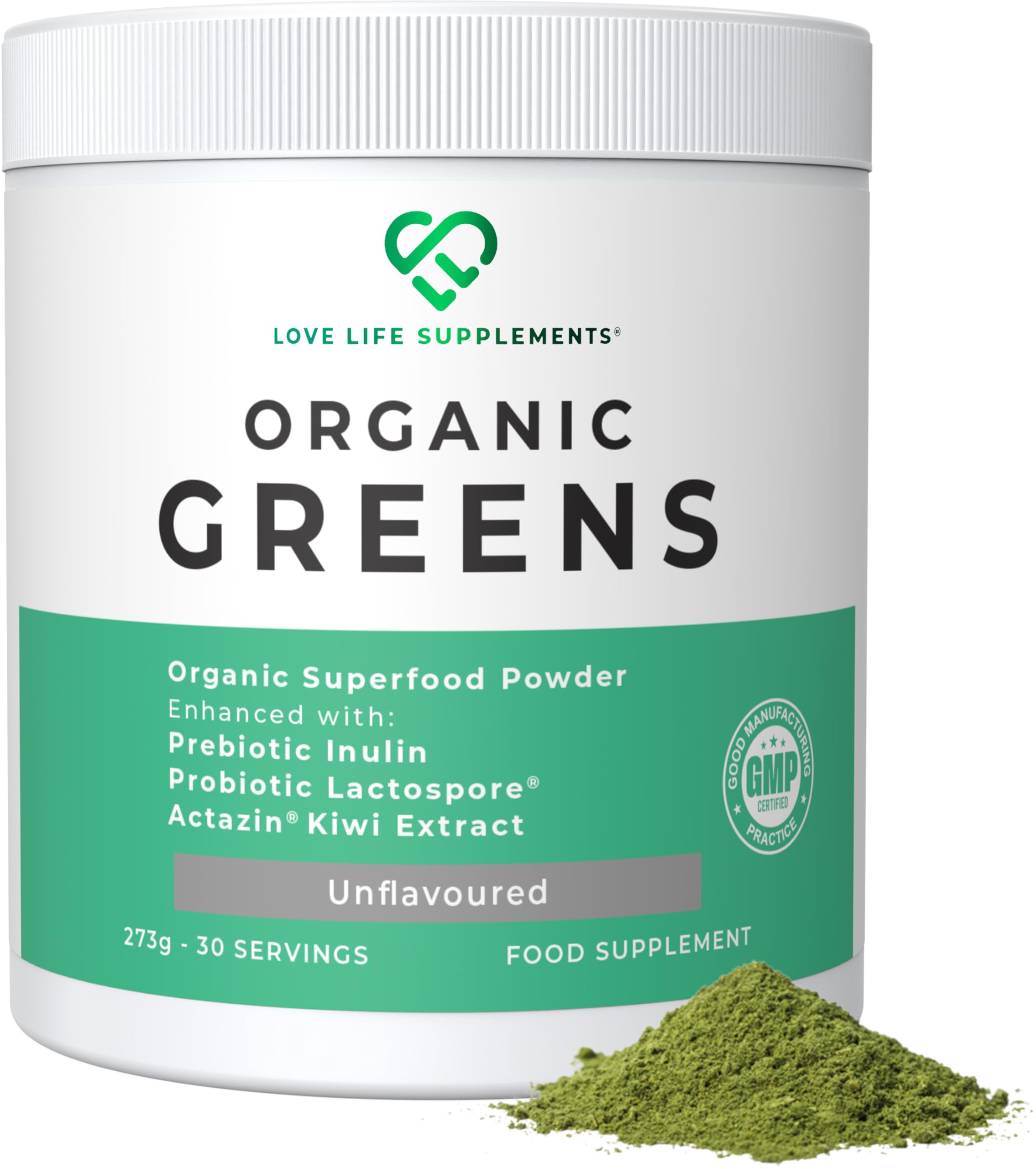 Organic Greens by LLS | 273g - 30 Servings | Unflavoured | Contains 6 Organic Greens - Kale, Spirulina, Spinach, Seagreens, Pea, Chlorella Plus Inulin and Lactospore® | Love Life Supplements