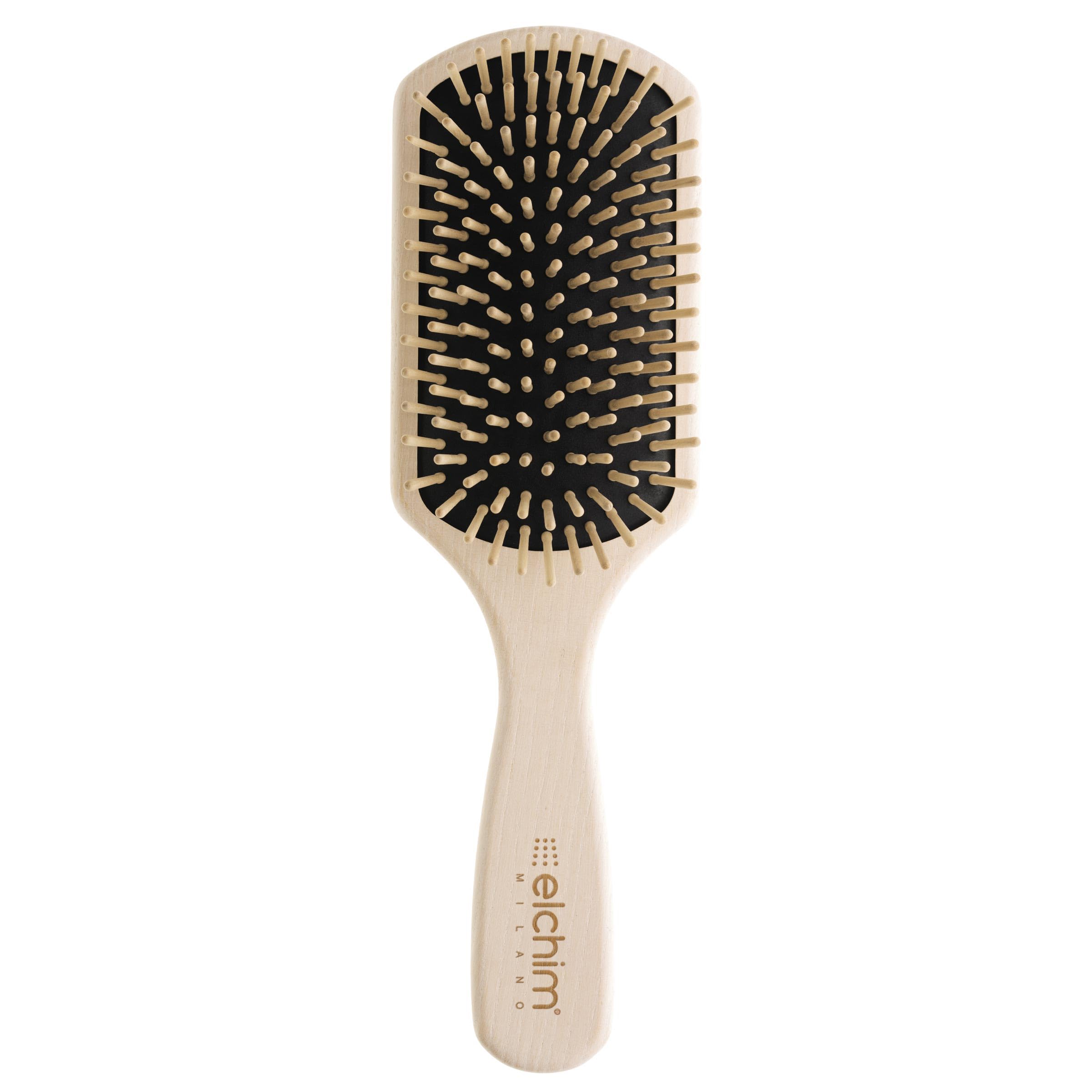 Elchim Wooden Paddle Brush with Wooden Bristles, Handcrafted Detangler Hairbrush, Antistatic for Blow Drying and Scalp Massage