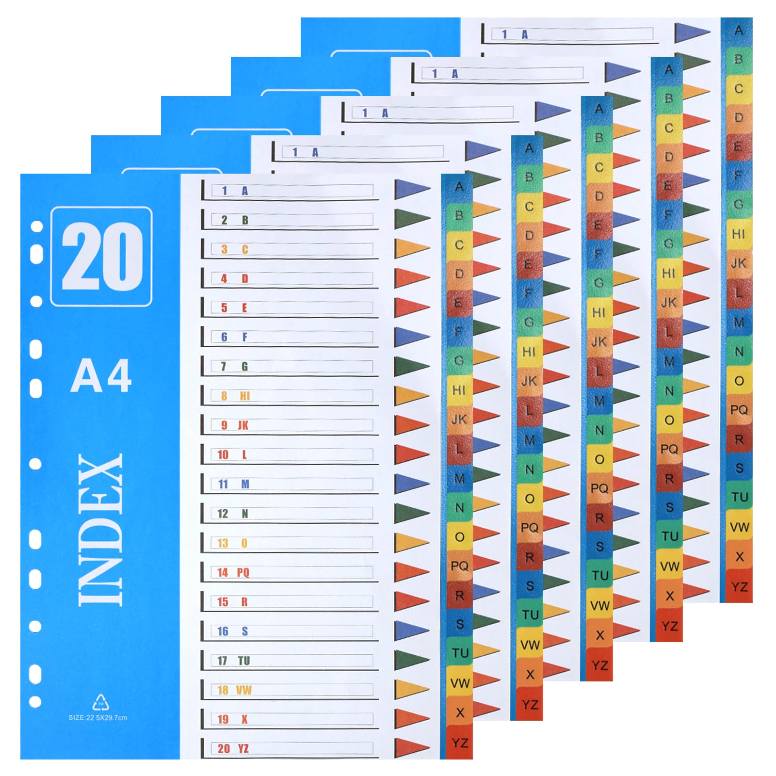 XHDA A-Z Part Dividers A4, 5 Pack Multi-Colour Plastic A4 Index Folder Subject Dividers, 11-Holes Lever Arch Files Dividers Ring Binders for Office School