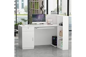 ECACAD Reception Desk with Lockable Drawer, Open Shelves & Keyboard Tray, Office Desk Reception Counter Table with Cabinet and Black Stickers, White (55.1”W x 43.3”D x 43.3”H)