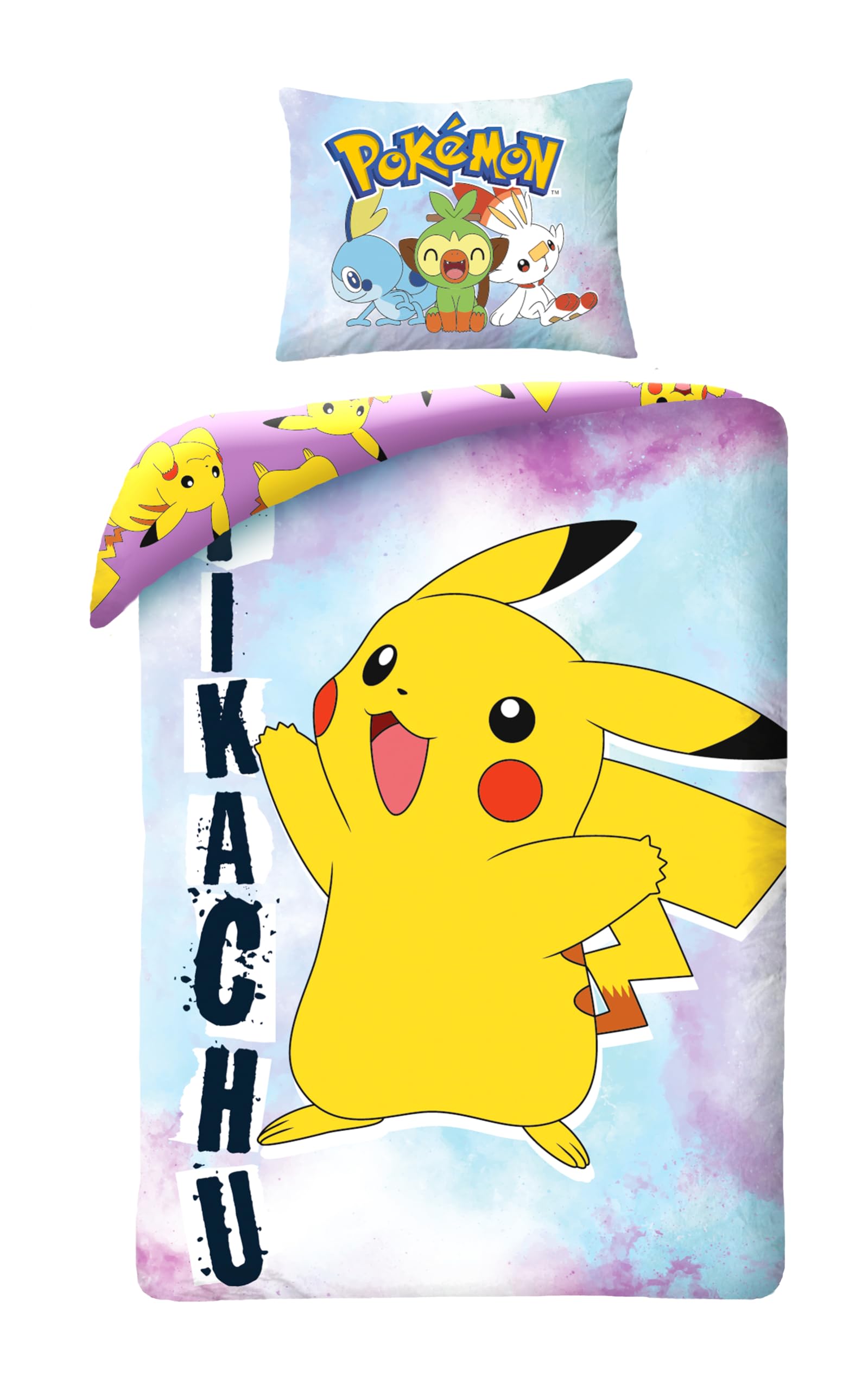 POKEMON PIKACHU Reversible Bed Set – Single Bed – Duvet Cover 140 x 200 cm and Pillowcase 70 x 90 cm – 100% Cotton Ökö-Tex Standard 100