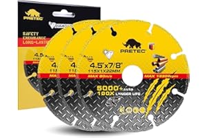 PRETEC Diamond Cutting Wheel 4-1/2 Inch with 7/8" Arbor Hole, Carbide Cut Off Wheel for Angle Grinder, Metal Cutting Disc with 5000+ Cuts on Rebar, Steel, Iron & INOX–3 Pack
