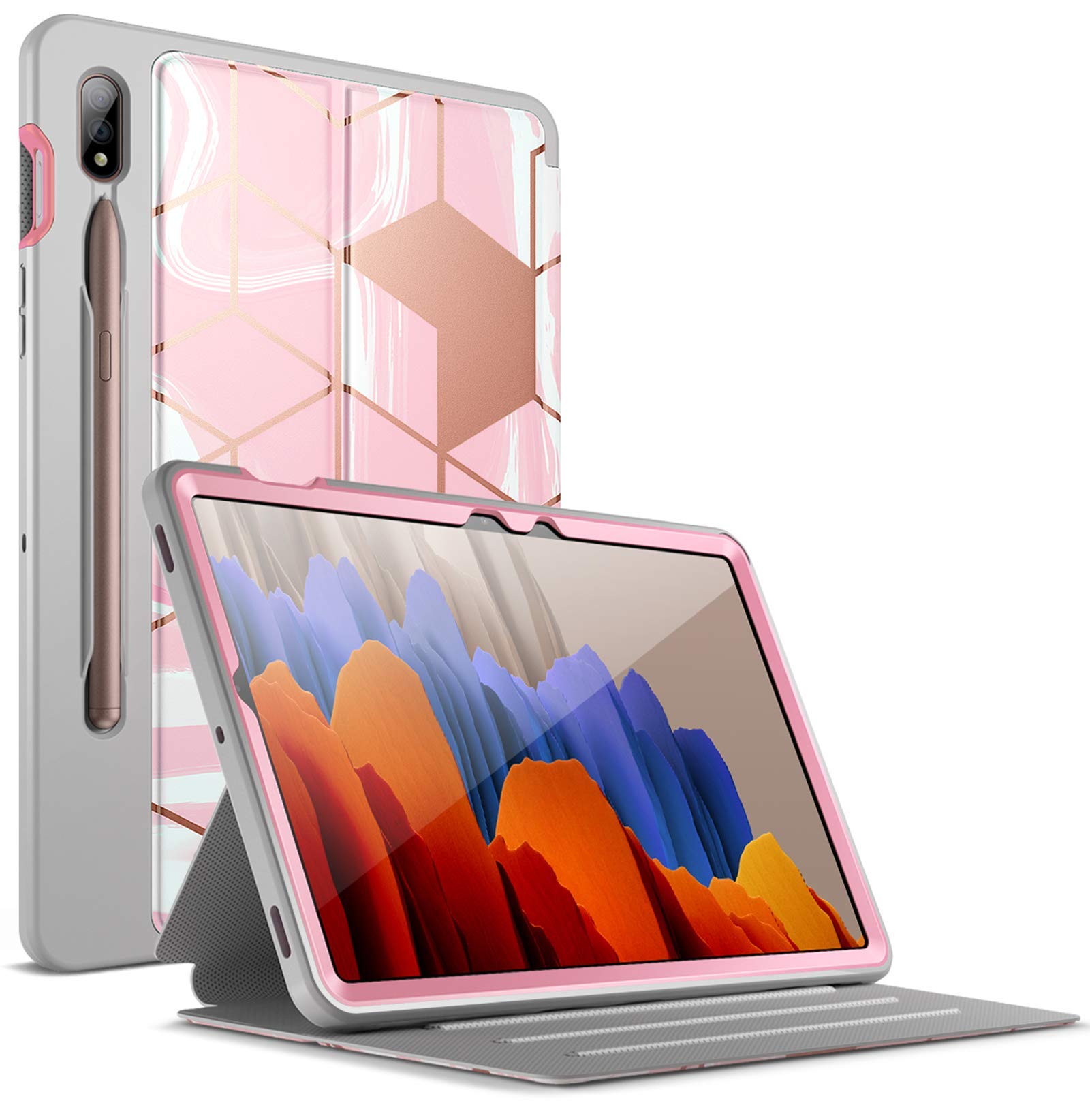 Popshine Marble Series Case Compatible with Galaxy Tab S7, SM-T870/ SM-T875, Full Body Premium 360 degree Protective Folio Cover with Built-in Screen Protector, Liquid Marble Pink