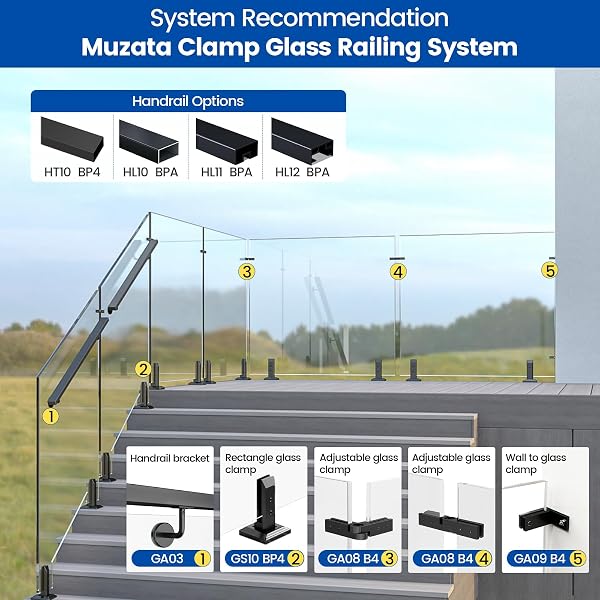 MUZATA 4PACK BLACK GLASS RAILING SPIGOT CLAMP RECTANGLE STAINLESS STEEL POLISH BRACKET FOR GLASS THICKNESS 5/16”-7/16”(8MM-12MM) HEAVY DUTY POOL DECK FENCE RAILING POST GARDEN BALCONY GS10 SO4