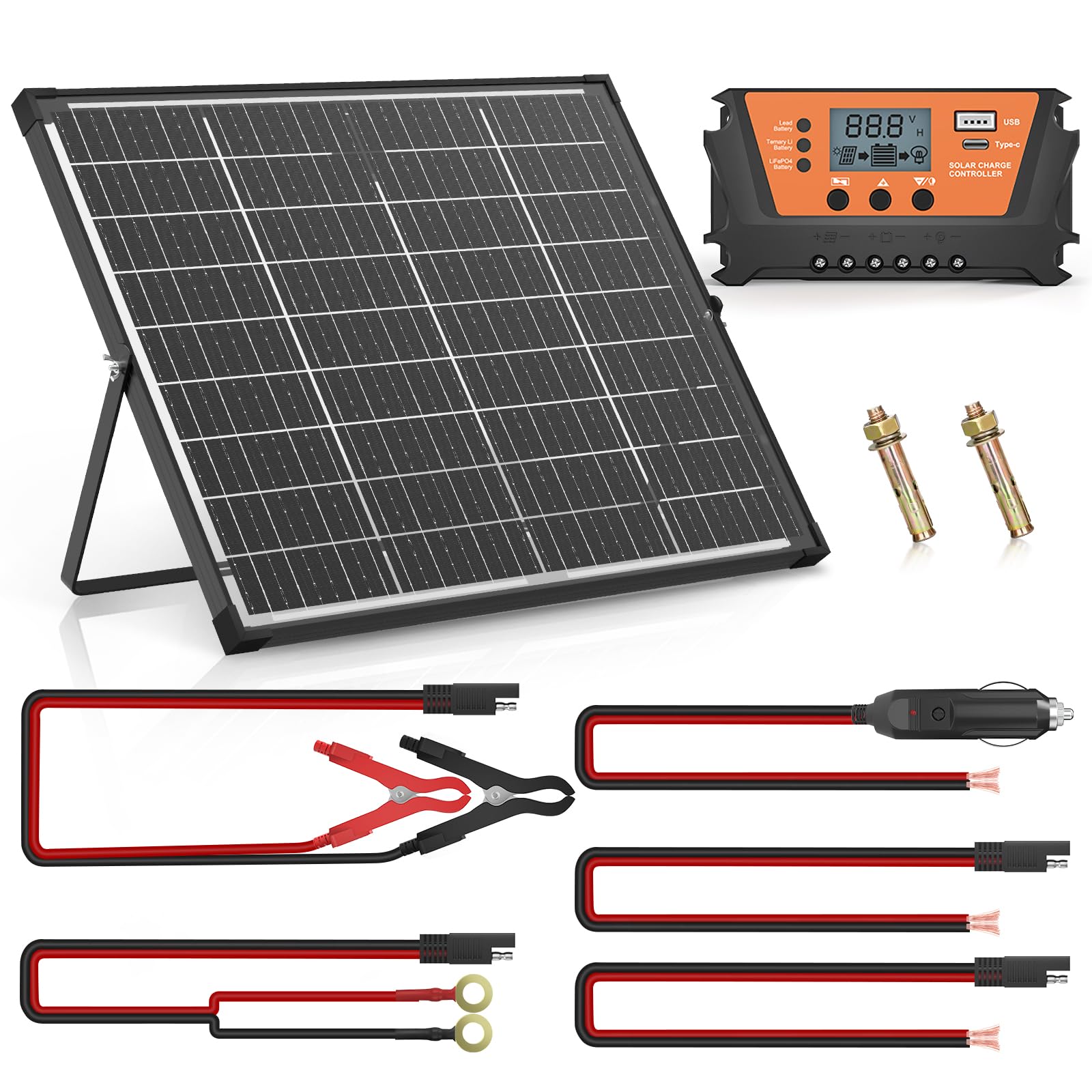 50W 12V Solar Panel Battery Charger Kit – Polycrystalline, PET Laminated – For Boat, RV, Car, Outdoor