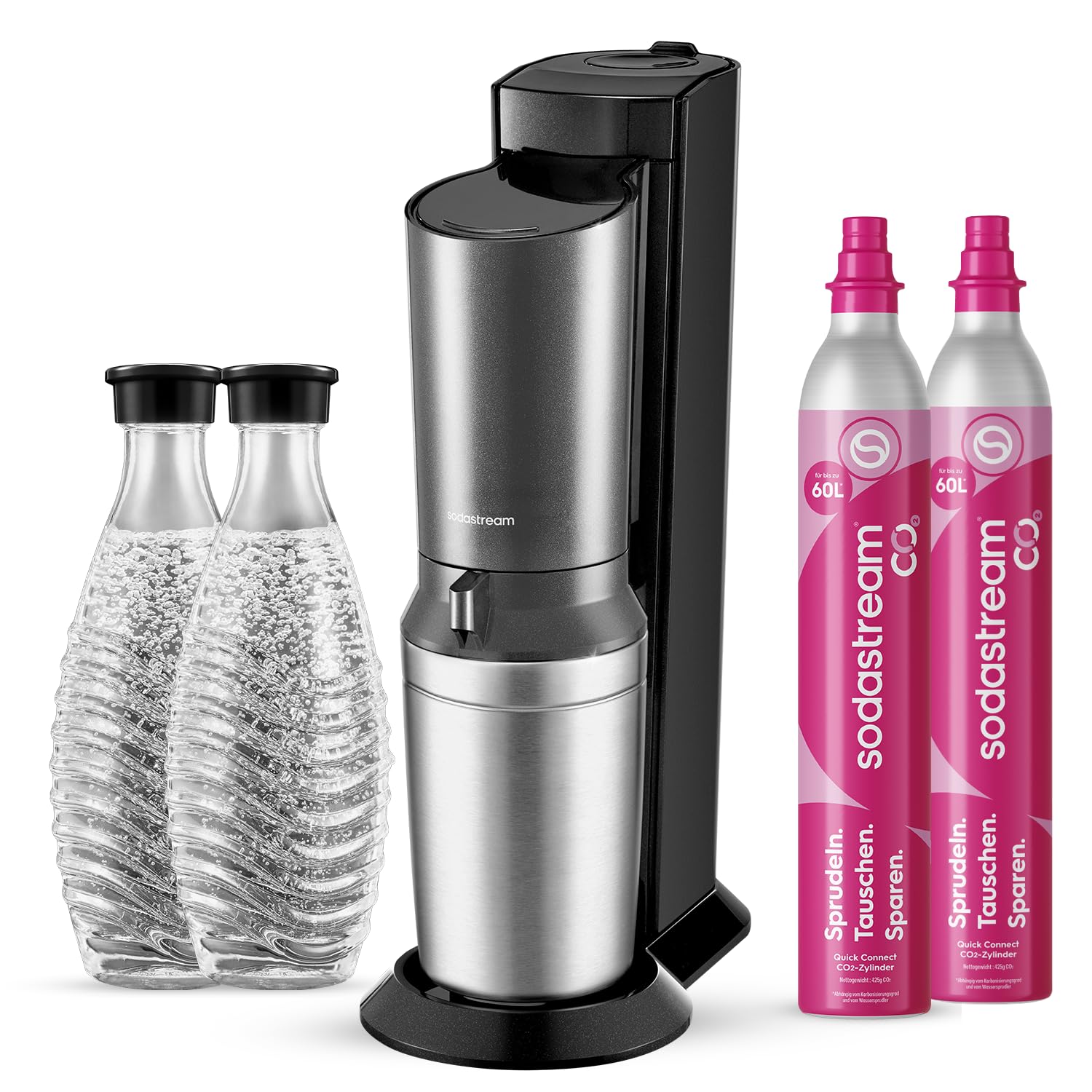 SodaStream Crystal 3.0 Wassersprudler mit 2x Quick-Connect CO2-Zylinder und 2x Glaskaraffen