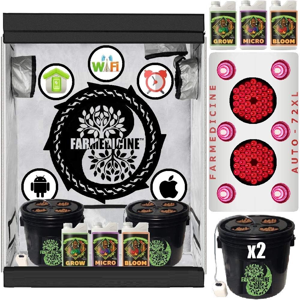 Farmedicine 8-Site Hydroponic Automation System 48" X 24" X 60" Greenhouse Tent, AUTO - 72XL LED Grow Light Panel (8 Internal Centrifugal Fans), Advanced Plant Nutrition, Full Cycle Indoor Grow Kit