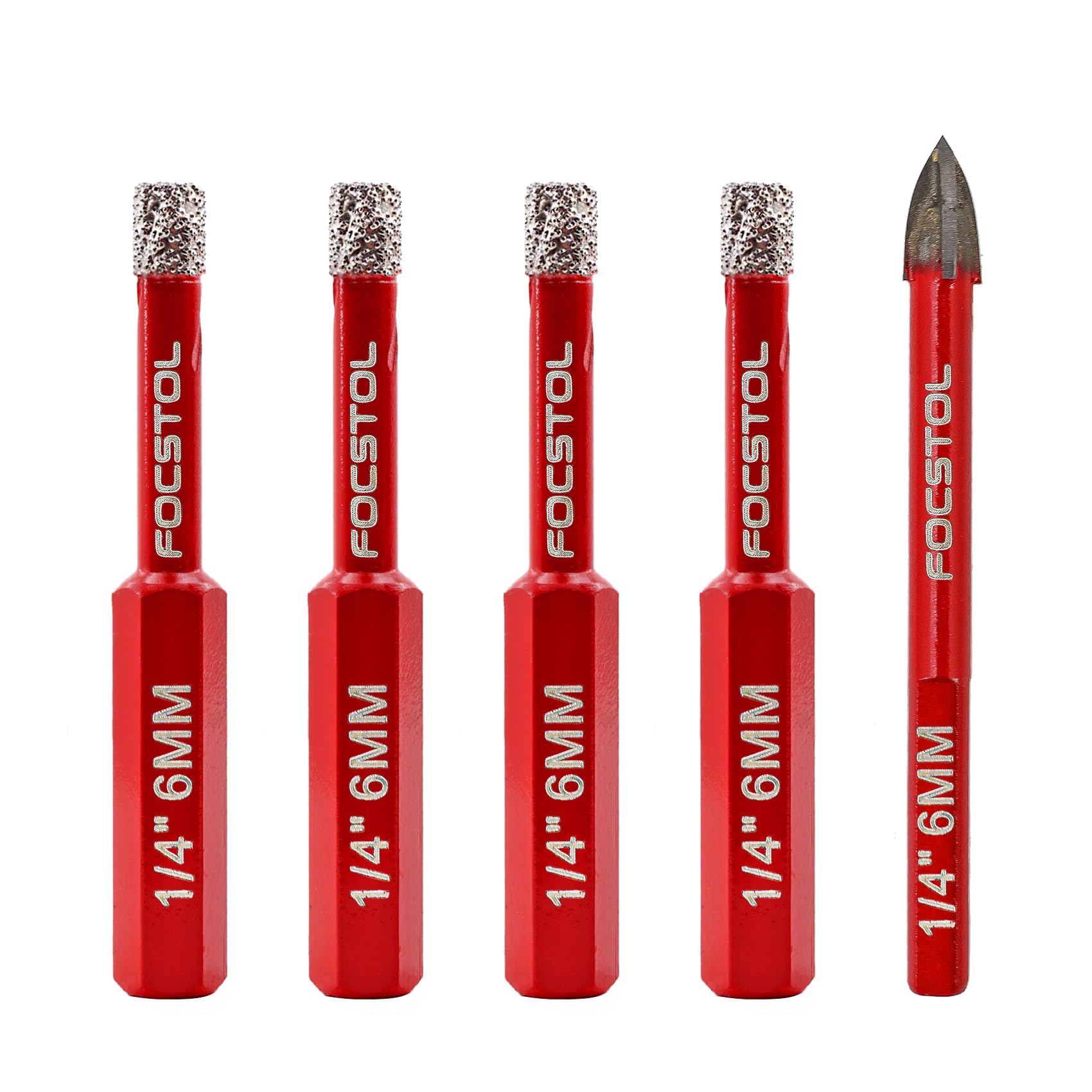 Dry Diamond Drill Bit Set - FOCSTOL 5pcs 6/6/6/6mm Diamond Hole Saw with Hex Shank+6mm Carbide Drill with Triangle Shank for Porcelain Tile Ceramic Granite Marble — image 1