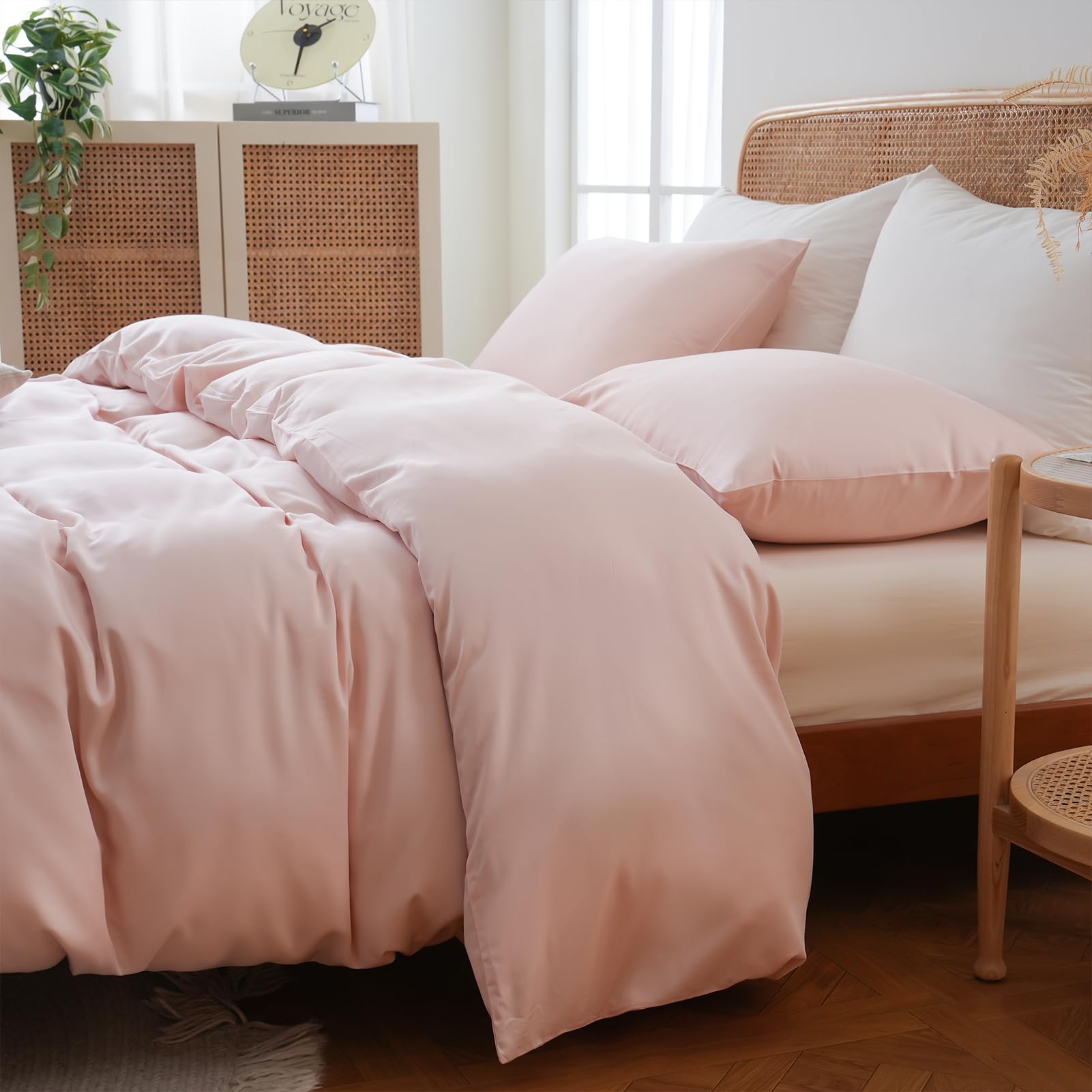 Photo 1 of MEISHANG Duvet Cover King Size, 100% Rayon Derived from Bamboo, Luxury Silky Cooling Duvet Cover Set for Hot Sleepers with Zipper Closure and Corner Ties - 3 Piece Set(King, Pink)