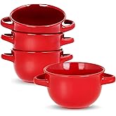 KooK French Onion Soup Crocks with Handles, Ceramic Bowls, for Rice, Dessert, Pasta, Dishwasher, Microwave, Oven & Broil Safe, Red, Set of 4, 18 oz, Red