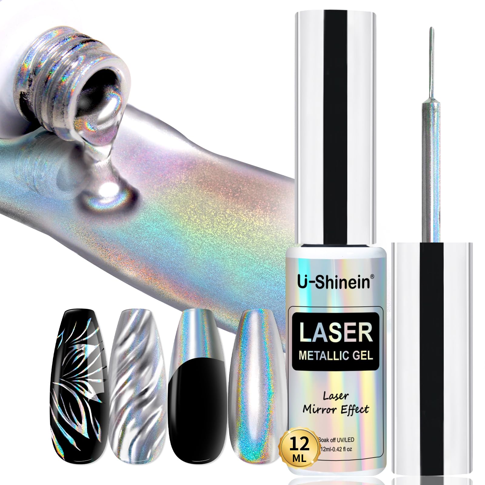 U-Shinein Metallic Painting Gel, Nail Art 3D Mirror Effect Gel Nail Polish, Painted Drawing Gel, Build in Thin Brush Soak Off Silver Gel for Salon Home DIY Manicure, Laser Silver