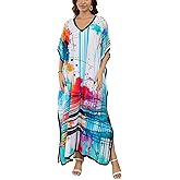 IMAGEKOPE Women's Plus Size Loose Fit Moroccan Print V-Neck Batwing Kaftan Beach Dress Bathing Suit Cover Up
