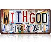 JBYMsign Vintage Inspirational Wall Decor With God All Things Are Possible License Plate Christian Metal Sign Tin Signs Poster