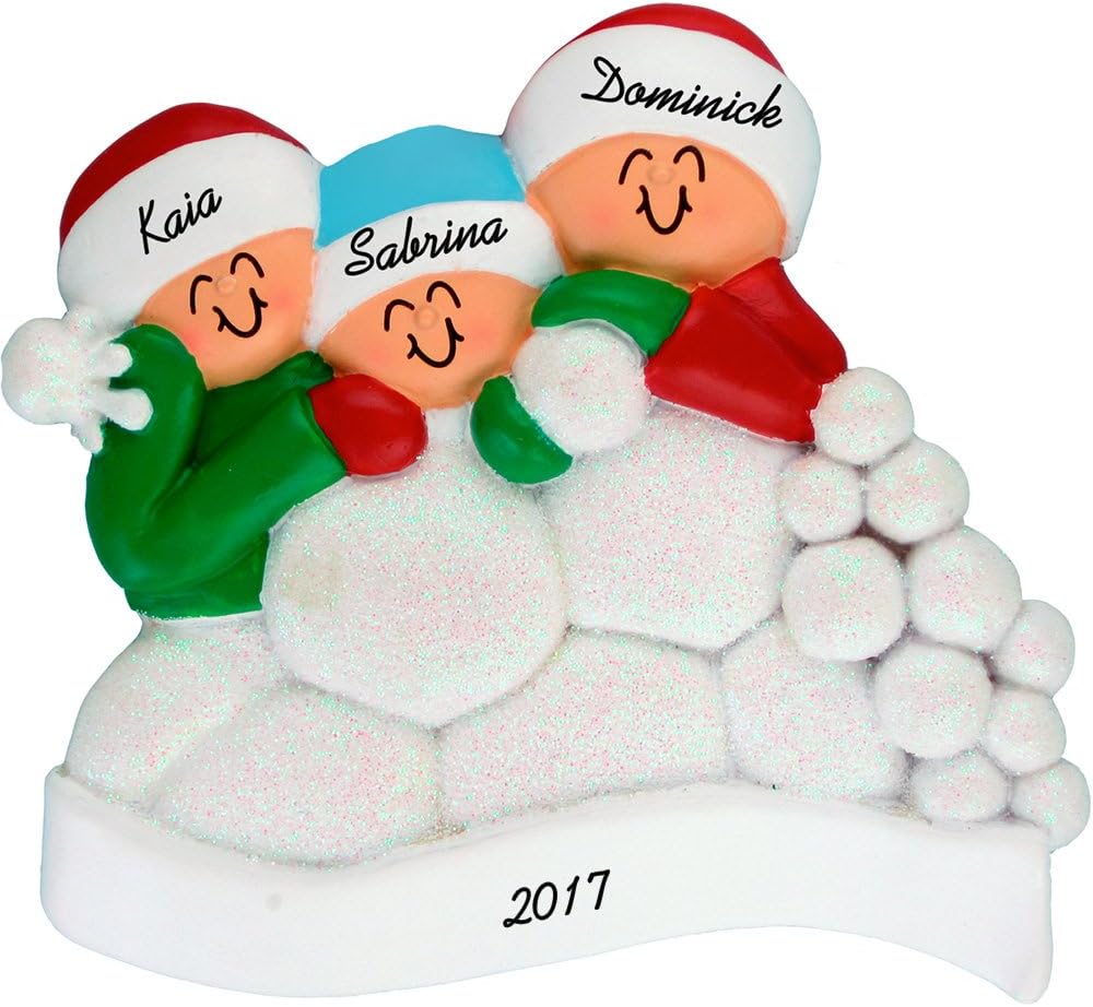 Calliope Designs Snowball Fight Personalized Christmas Ornament (3 People) - Family Fun in Snow - Handpainted Resin - 4" Tall - Free Customization
