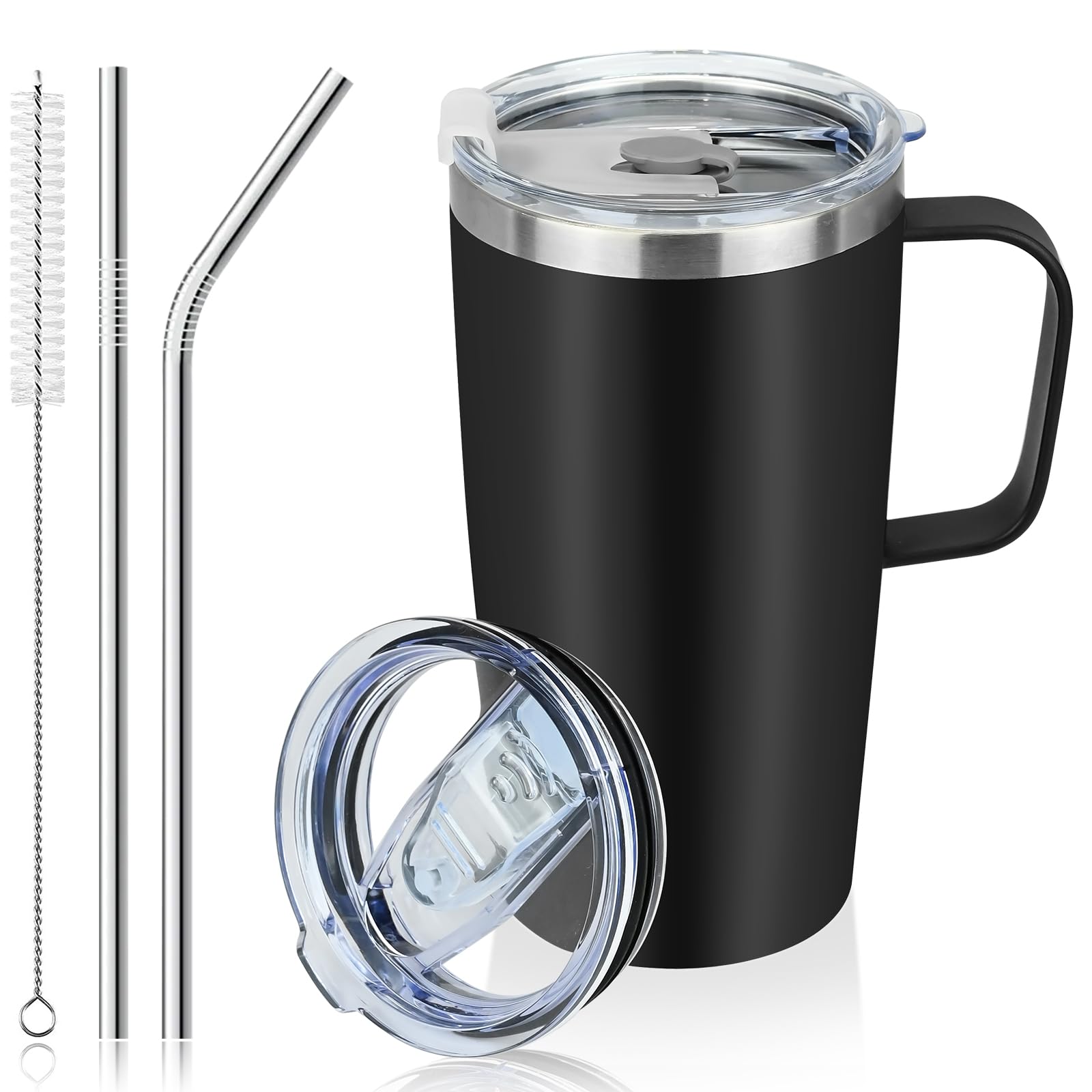 20oz Tumbler Straw Mug, Insulated Tumbler with Handle Straws & 2 Spillproof Lids, 304 Stainless Steel Double Wall Vacuum Insulated Coffee Travel Mug, Reusable Insulated Cup for Hot Cold Drinks(600ml)