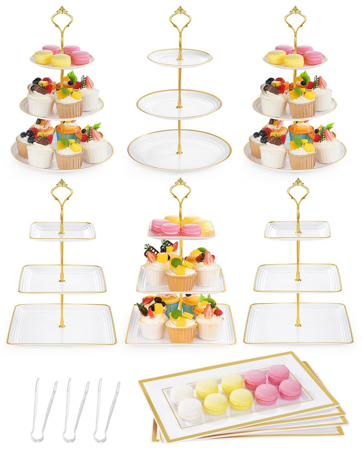 Photo 1 of Lzerking 13pcs Dessert Table Display Set, 6 3-Tiered Cupcake Stands (3round & 3square) with 4 Trays & 3 Tongs, White Gold Plastic for Wedding, Tea Party, Baby Shower Decor, Birthday Party Decoration