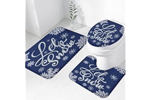 Easternproject 3 Piece Let it Snow Bath Mat Set Christmas Snowflake Blue and White Bathroom Rug Sets for Winter Decorations Non Slip Water Absorbent U-Shaped Contour Toilet Mat, Toilet Lid Cover