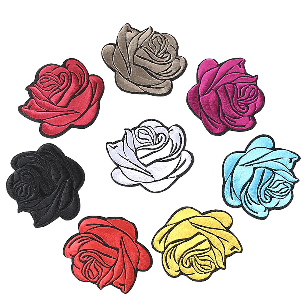 HUIXUN 8 pcs Colorful Mixed Rose Flower Patches Iron on or Sew for Clothes Embroidered Appliques DIY Accessory Bag Badge
