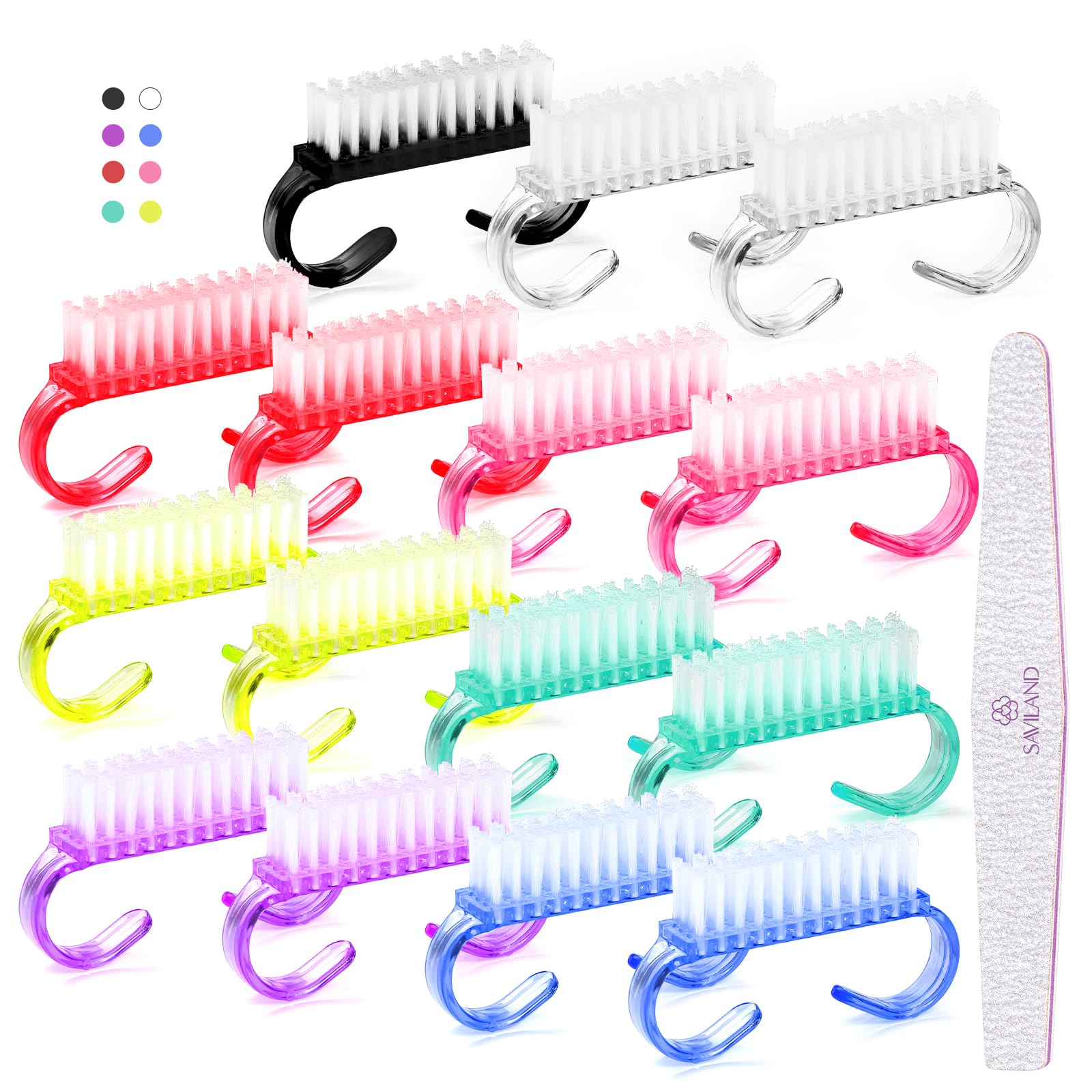 Saviland Nail Cleaning Brush Set - 15 Pack Handle Grip Nail Brush Kit with Multicolor Hand Fingernail Nail Brushes for Cleaning & Nail File for Shaping Manicure Nail Scrubber Brush for Toes and Nails