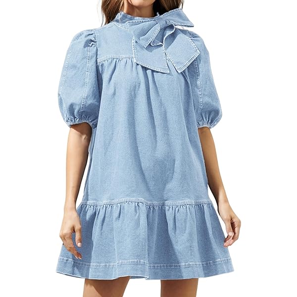 EZAPINE Women's Puff Long Sleeve Denim Dress Ruffle Mock