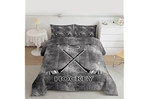 Castle Fairy Ice Hockey Comforter Set Queen Size,Vintage Gray Tie Dye Bedding 3pcs for Kids Boys Teens Men Room Decor,Winter 