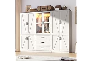 HLIVELOOD 75" Tall Farmhouse 6 Doors Armoire Wardrobe Closet with 3 Drawers and LED,Freestanding Closet Wardrobe Cabinet for Bedroom with Hanging Rod,Wooden Armoire Storage Cabinet(Rustic Off White 6 Doors 1)