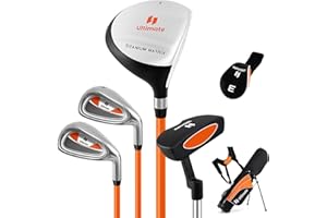 Tangkula Junior Golf Club Set for Children Right Hand, Includes #3 Fairway Wood & #7/#9 Irons, Putter, Head Cover & Rain Hood, Golf Stand Bag, Perfect for Children, Kids