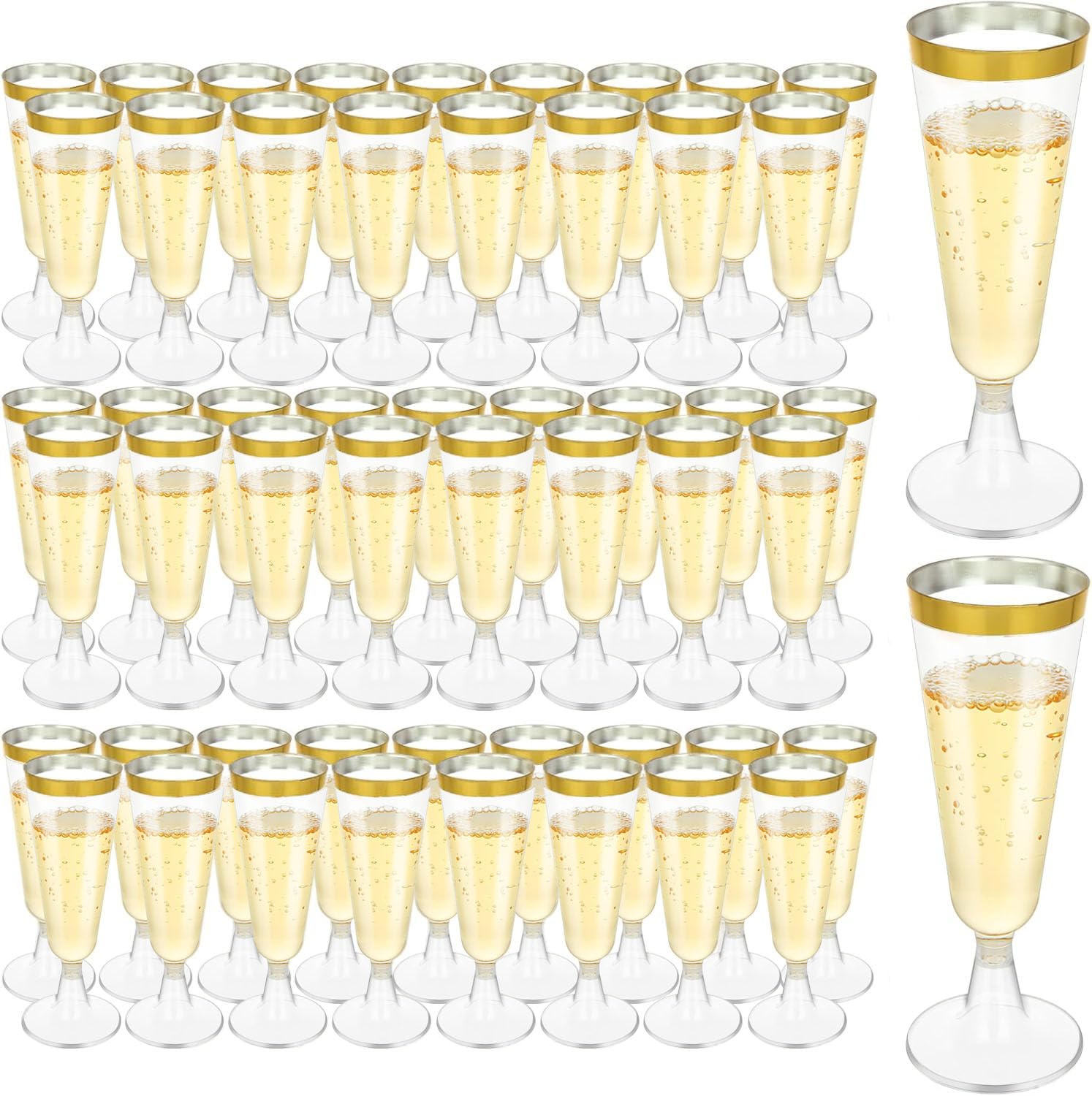 Photo 1 of Oungy 100 PCS Plastic Champagne Flutes with Gold Rim 5.5OZ Clear Plastic Champagne Glasses Mimosa Glasses Cocktail Cups for Party Wedding Celebration Supplies