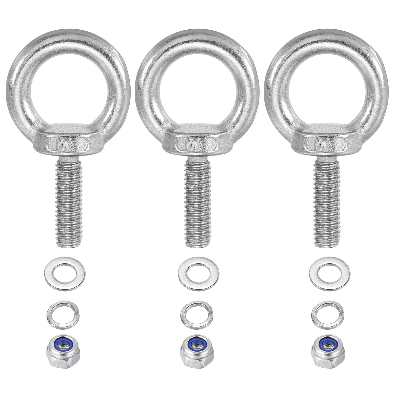PATIKIL M8 x 25mm Lifting Shoulder Eye Bolt, 3Pcs 304 Stainless Steel Lifting Ring Threaded Eyebolt with Nuts Washers for Hanging Hammocks Articles