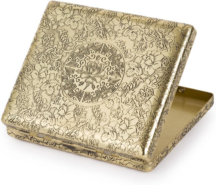 6 Sides Engraved Peonies Solid Brass Metal Cigarette Case Holder For Regular Cigarettes