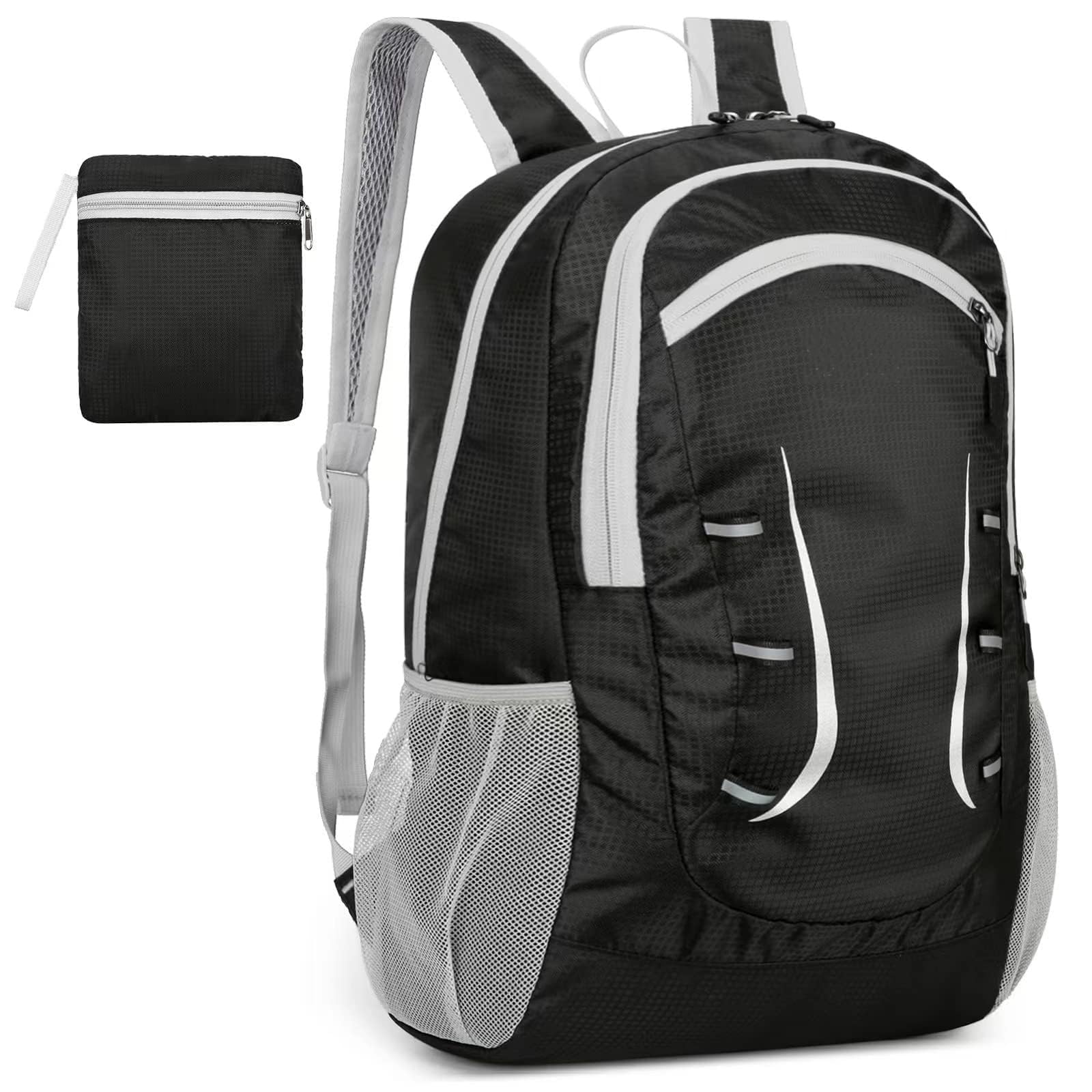 Alitifiy Lightweight Foldable Backpacks, 30L Packable Waterproof Small Hiking Bags & Packs Knapsack Daypack Handy for Men Women Ladies Kids Travel Camping Outdoor Rucksack Bag Pack (Black Grey) — image 1