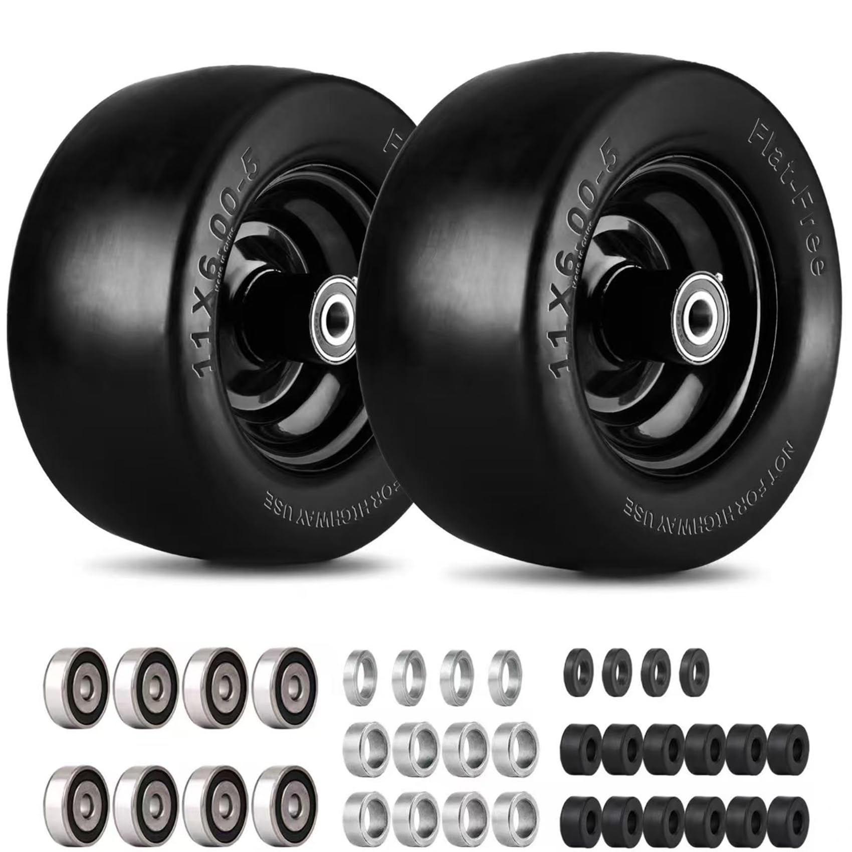 Photo 1 of 11x6.00-5 Flat Free Tire,with 3/4" or 5/8" and 1/2" Bearings, 6"- 8" Centered Hub, 11x6-5 Tires for Zero Turn Mower, Load 400lbs,Upgraded Large Bearing,More Durable