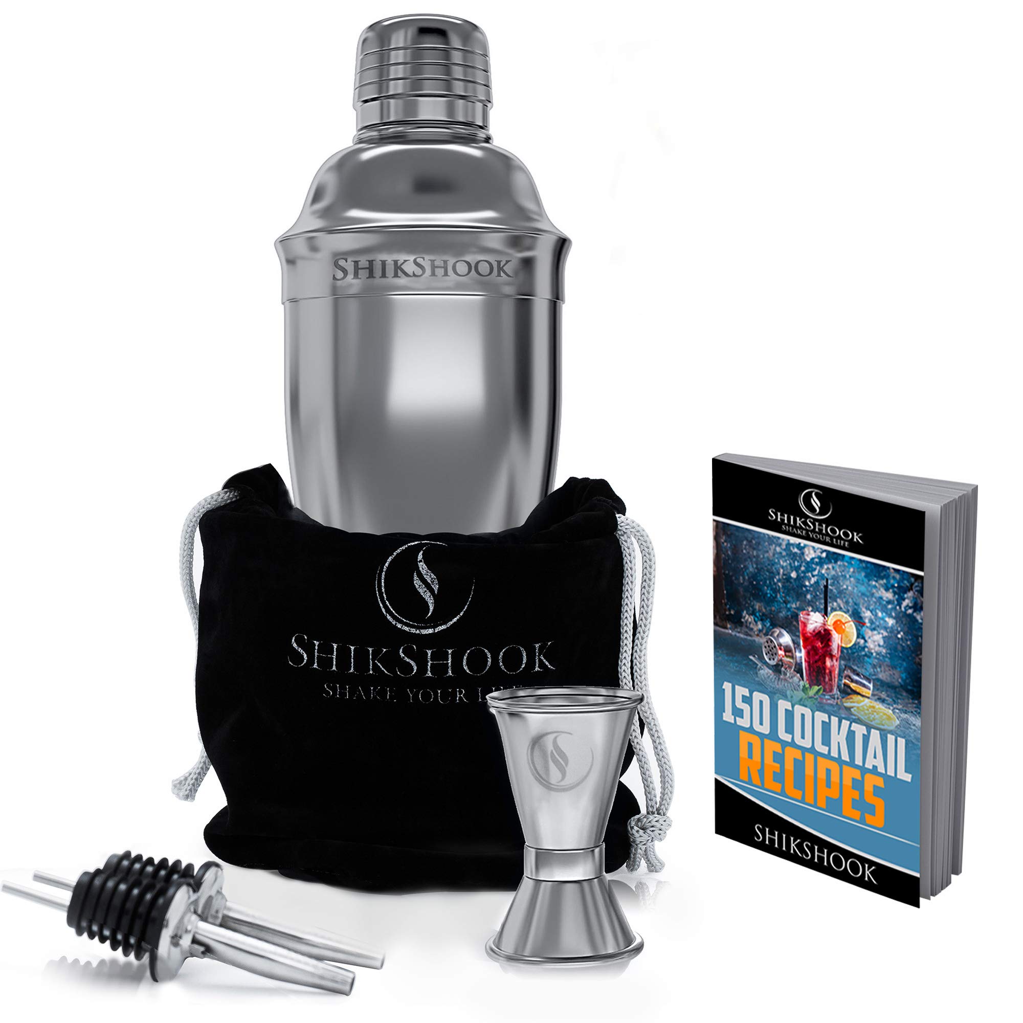 SHIKSHOOK Cocktail Shaker 25oz & Double Jigger 1oz \\ 2oz & 2 Liquor Pourers - Professional Bartender Kit in a Accessories Bag and E- Book: 150 Recipes - Martini Drink Mixer Barware Tools Supplies