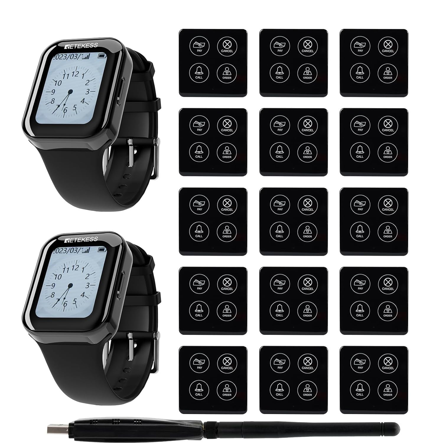 Retekess TD113 Restaurant Pager System, Wireless Calling System, IPX67 Waterproof, Touch screen, 48-hour Standby Time, Magnetic Charging,2 Watches 15 Call Buttons for Restaurant, Waitress, Hotel, Cafe