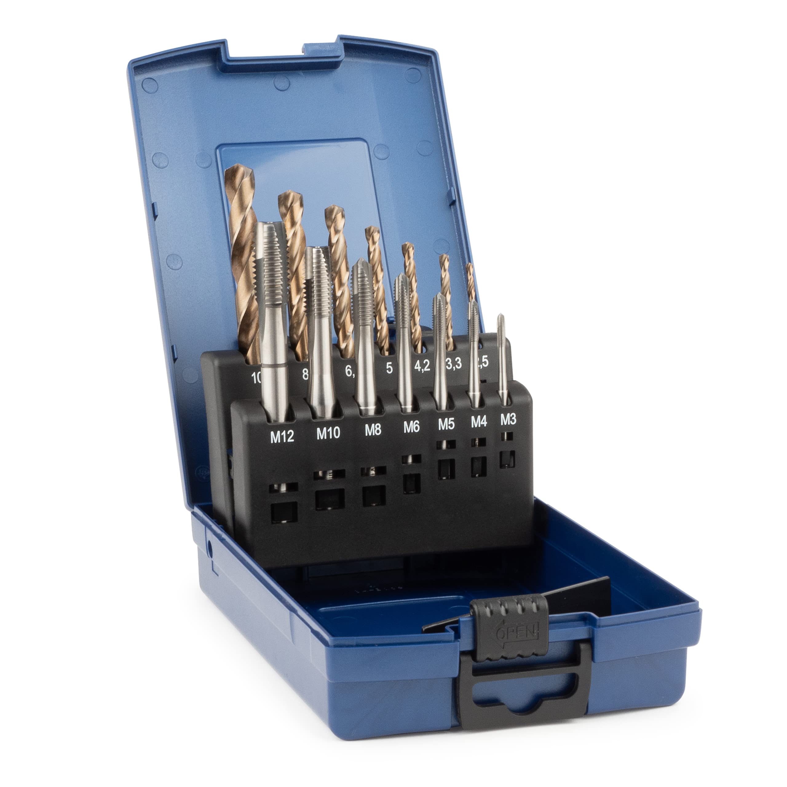 GSR HSSE Machine Tap Set Silver 14 Pieces + HSSE Core Hole Drill Bit DIN 2184-1 (DIN 371/376), Form B, Metric Thread M3-M12, in Sturdy Case