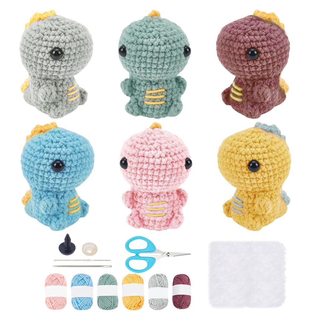 FREEBLOSS 6 Sets Dinosaur Crochet Kit Crochet Animal Kit Crochet Starter Kit Crochet Kits for Beginners to Make 4 PCS Bees Learn to Crochet with Instruction