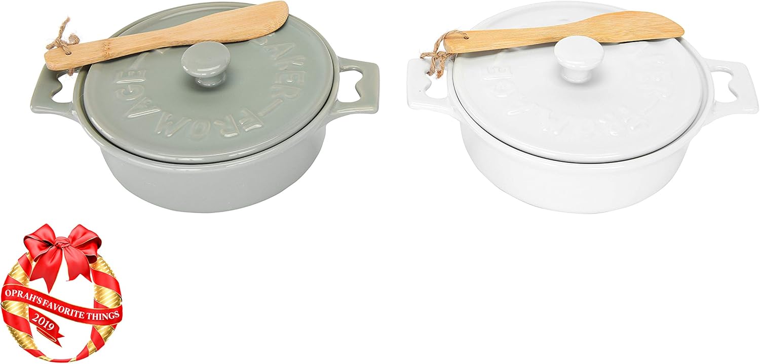 Creative Co-Op Stoneware Brie Bakers with Lids & Wood Spreaders,