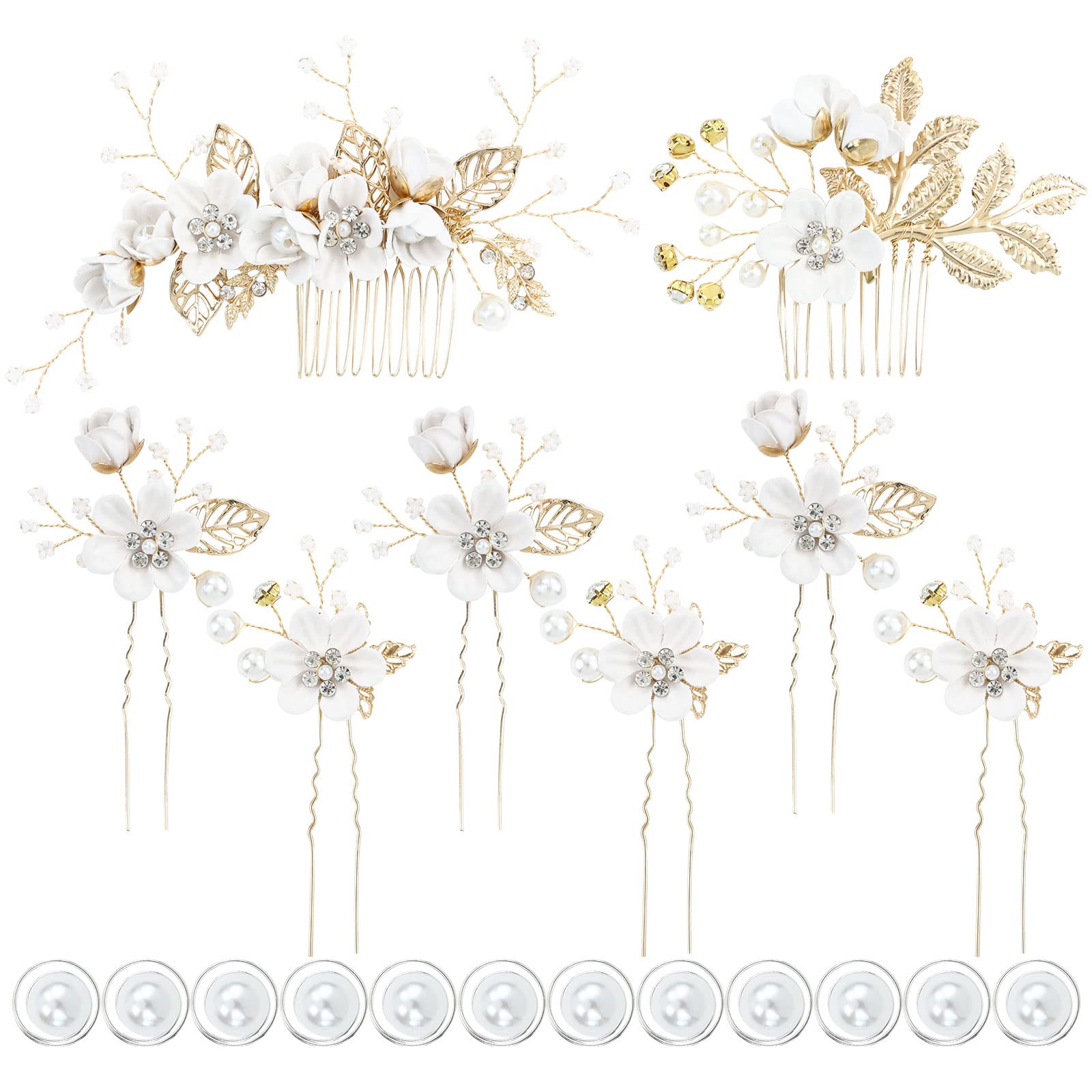 inSowni 20 Pack White Decorative Flower Bridal Wedding Hair Side Combs+U-shaped Flower Hair Pins+Twist Spiral Pearl Hair Pins Pieces Headpieces Accessories for Brides Bridesmaids Women Girls (White) — image 1