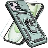 SunStory Compatible with iPhone 15 Plus Case with HD Screen Protector & Slide Camera Cover & Rotated Ring Kickstand, [Military-Grade] Phone Case for iPhone 15 Plus,Green