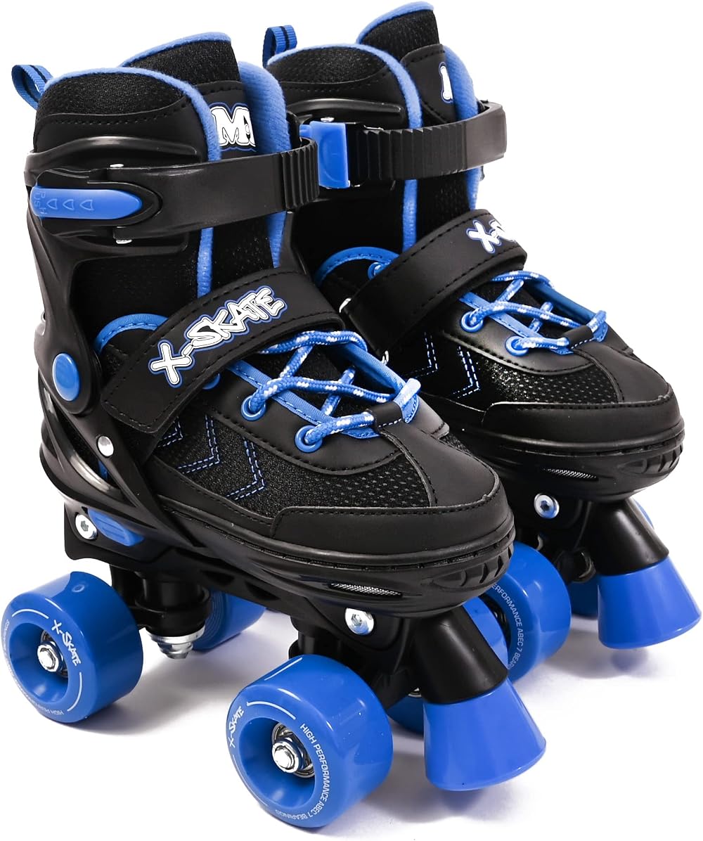 M.Y X-Skate Adjustable Blue Quad Roller Skates for Kids Medium UK 2-5