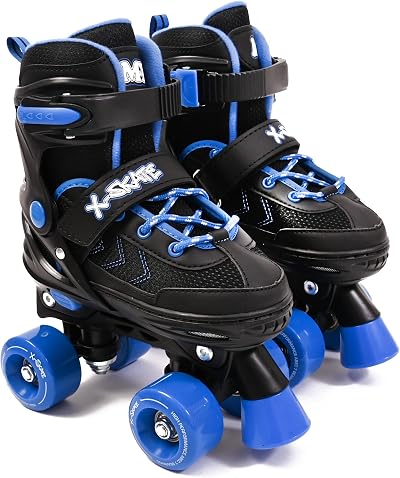 M.Y X-Skate Adjustable Blue Quad Roller Skates for Kids UK 5-8