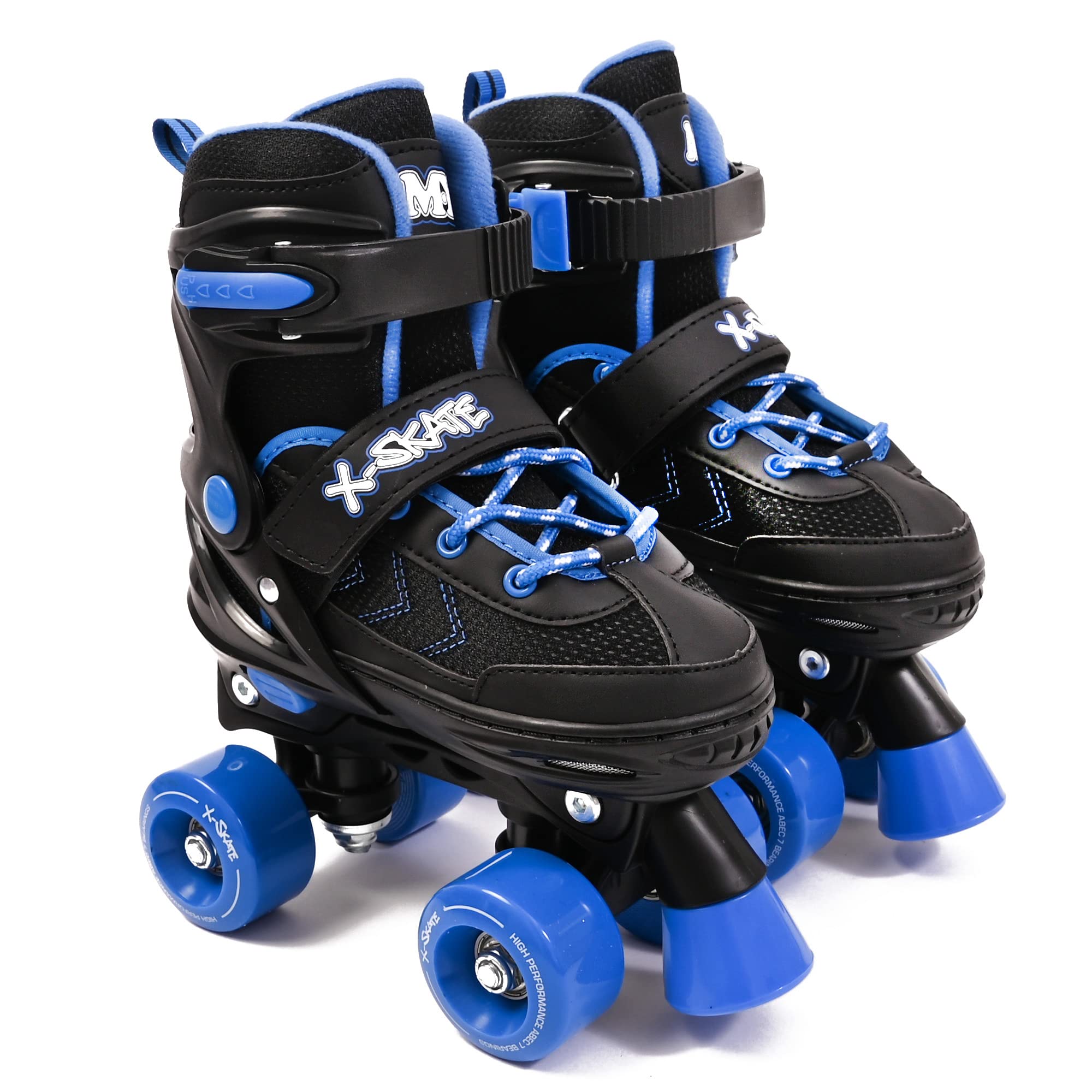 M.Y X-Skate Adjustable Blue Quad Roller Skates with Built In Adjusters Kids Roller Boots for Boys & Girls - Small