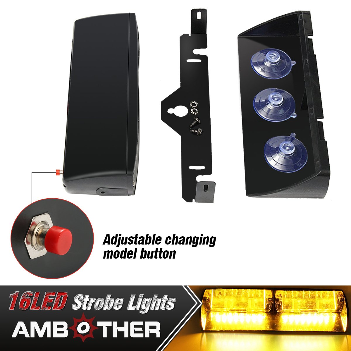 AMBOTHER 16 LED Auto Frontleuchte Signal LED Warnleuchte Blinkleuchte Lichtbalken Blitzleuchte Hohe Intensität Recht Durchsetzung Stroboskoplicht Warnblitzleuchten 18 Strobe-Muster für Träger Auto