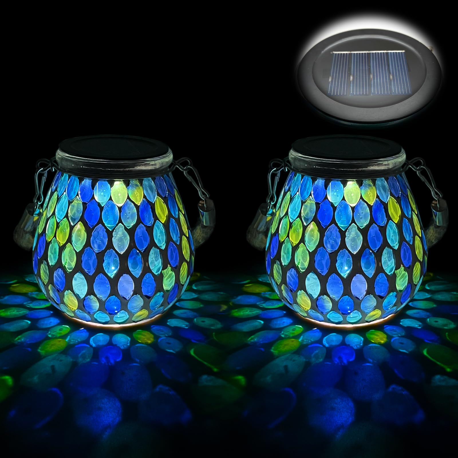 TOTHDATE 2PCS Oval Mosaic Solar Lights Outdoor Garden, On/Off Glass Hanging Solar Mosaic Lanterns Lights IP65 Waterproof for Table Lawn Path Courtyard Deck Fence, Blue Mosaic Glass