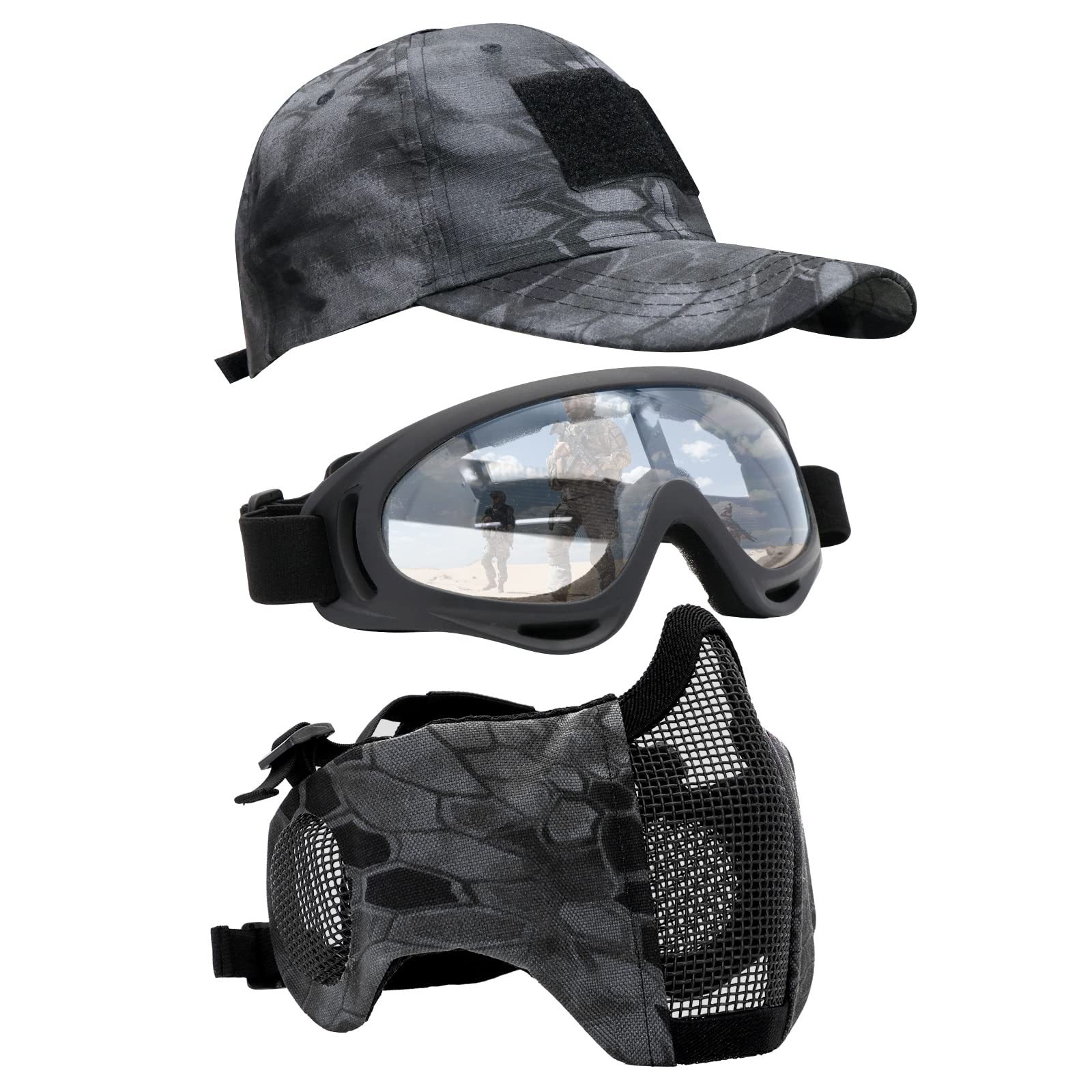 Yzpacc Airsoft Half Face Mask with Goggles& Patch Hat Set, Tactical Masks Full Face Ear Protective Baseball Cap for CS Halloween and Game (TY, 3PCS)