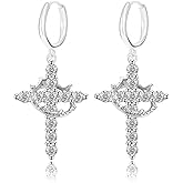 Cross Crown Earrings Crystal Cross Drop Hoop Earrings, White, Dangle Style, Religious Fashion Jewelry