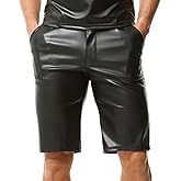 QiaTi Men's PU Leather Shorts Elastic Waist Casual Shorts Zipper Sexy Shorts with Pockets for Club Party