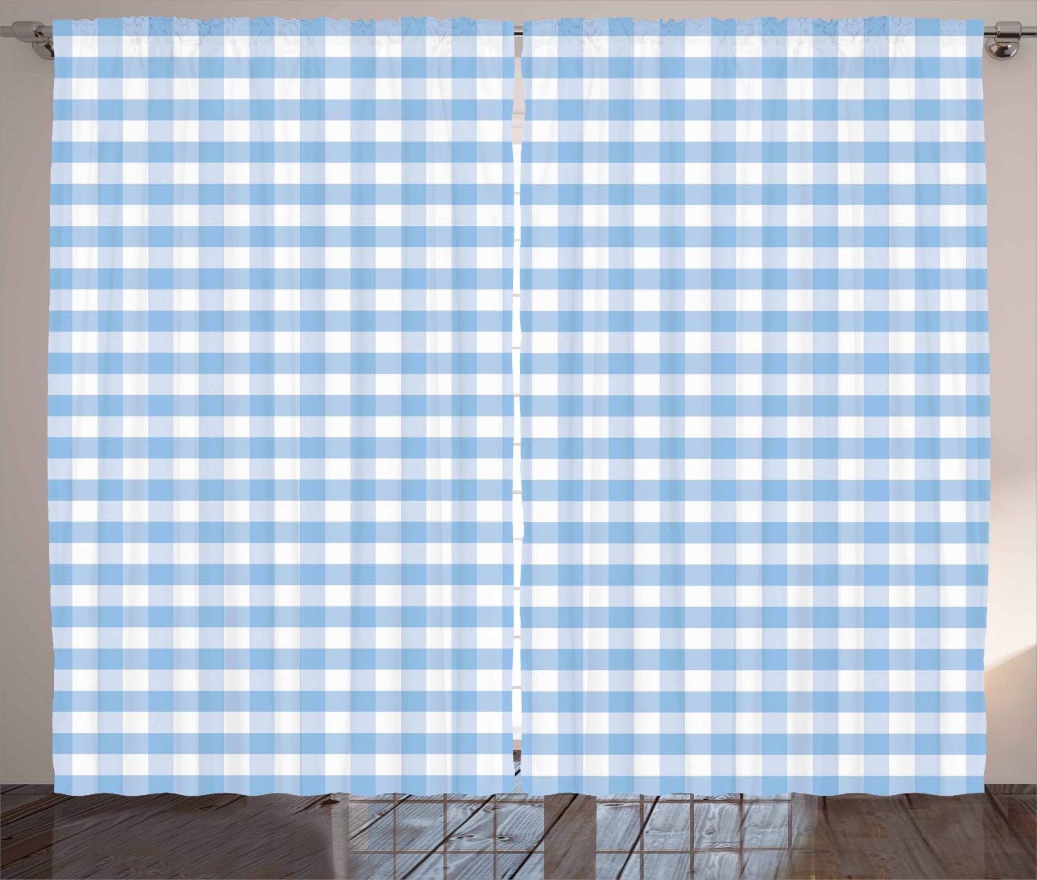 ABAKUHAUS Checkered Curtains, Little Squares and Stripes Pastel Color Gingham Repeating Rows Vintage Tile, Living Room Bedroom Window Drapes 2 Panel Set, 280 x 175 cm, Pale blue white — image 1